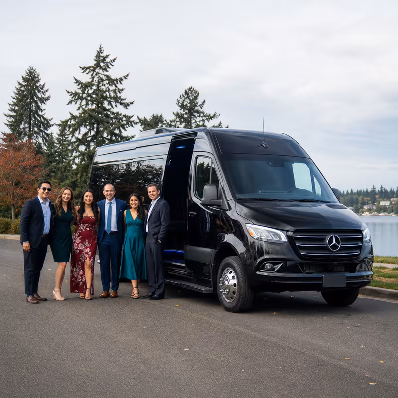 Group beside a Mercedes Sprinter limo from the Bellevue fleet
