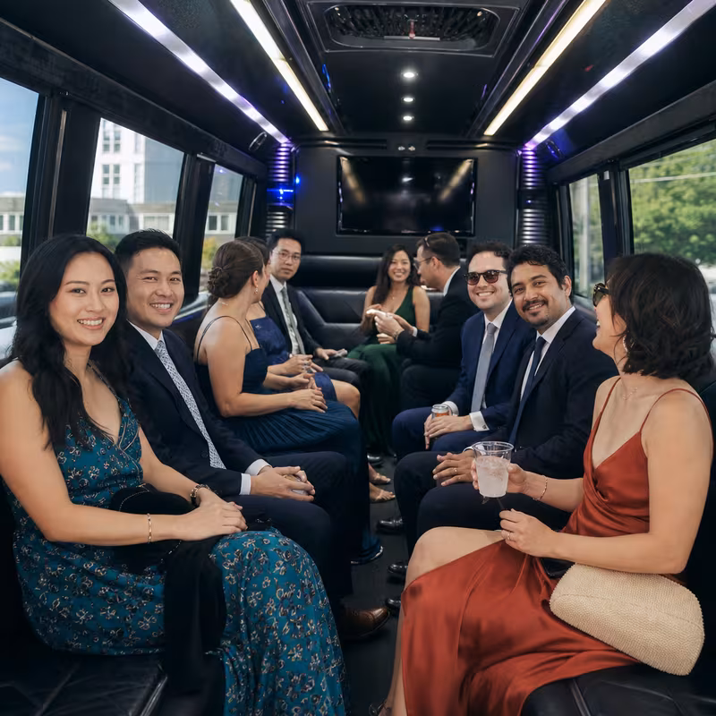 Wedding guests seated inside a Bellevue party bus