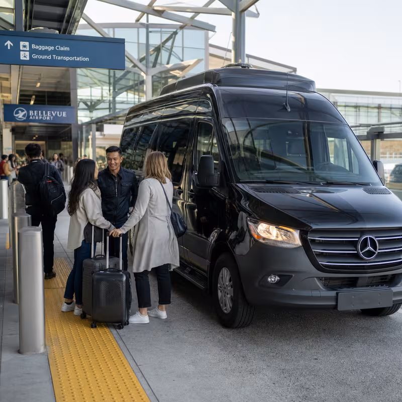 Group boarding a white charter bus for Airport Transportation transportation in Bellevue
