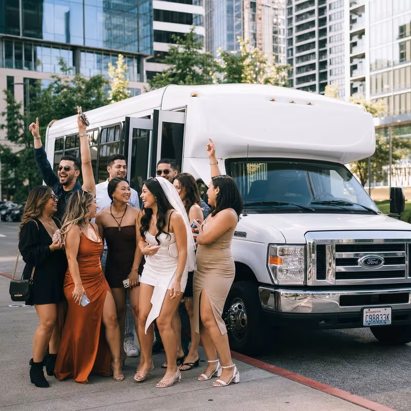 Black Mercedes Sprinter van staged for an Bellevue Bachelor & Bachelorette Transportation group