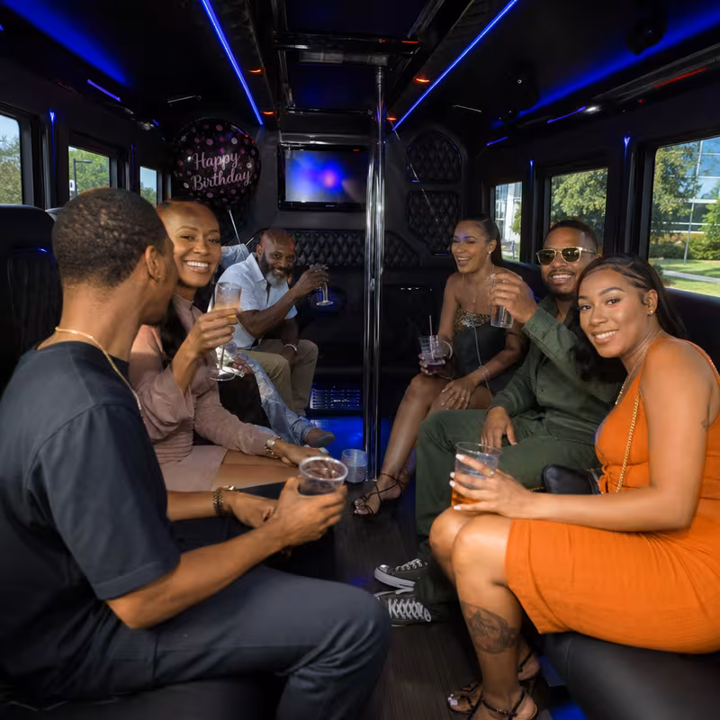 Black Mercedes Sprinter van staged for an Bellevue Birthday Transportation group